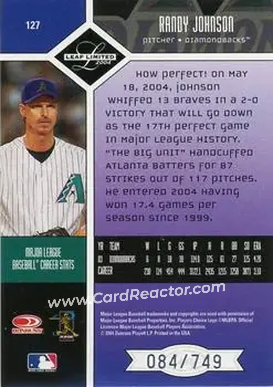 2004 Leaf Limited #127 - Randy Johnson - Arizona Diamondbacks - Back 2004 Leaf Limited #127 - Randy Johnson - Arizona Diamondbacks - Back