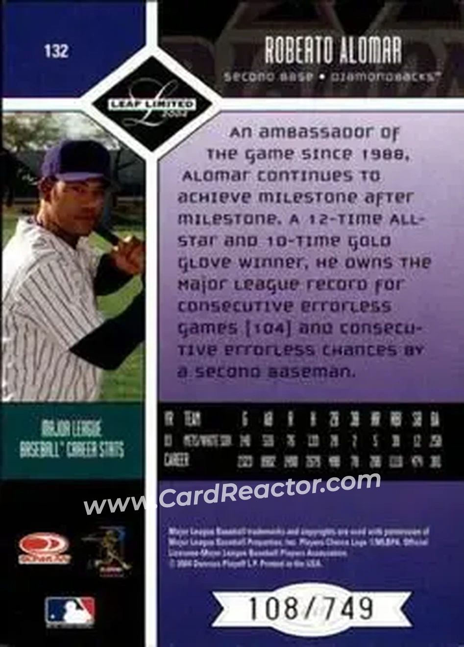 2004 Leaf Limited #132 - Roberto Alomar - Arizona Diamondbacks - Back
