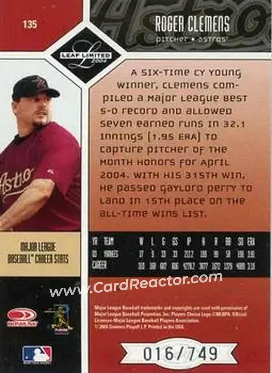 2004 Leaf Limited #135 - Roger Clemens - Houston Astros - Back