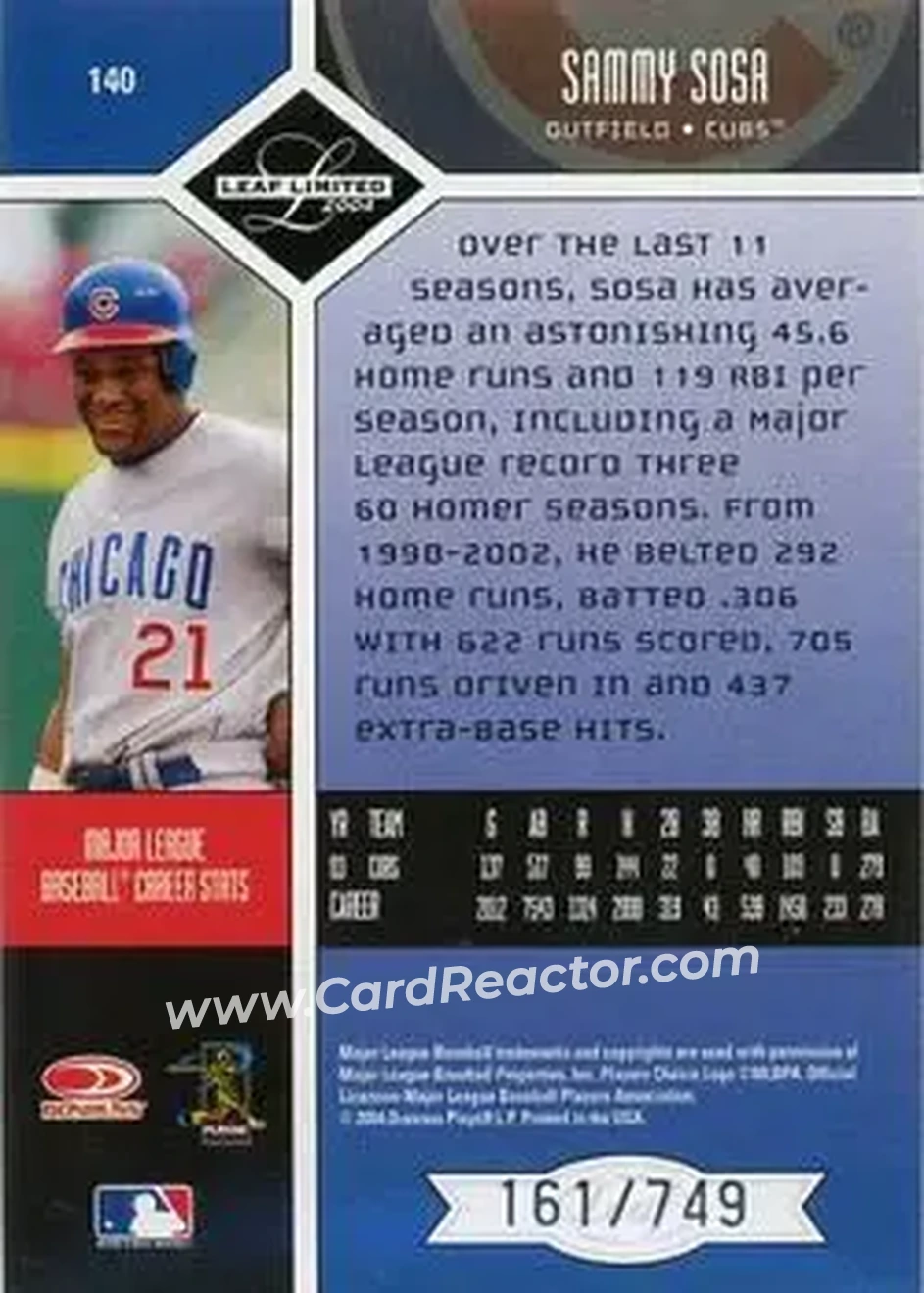 2004 Leaf Limited #140 - Sammy Sosa - Chicago Cubs - Back