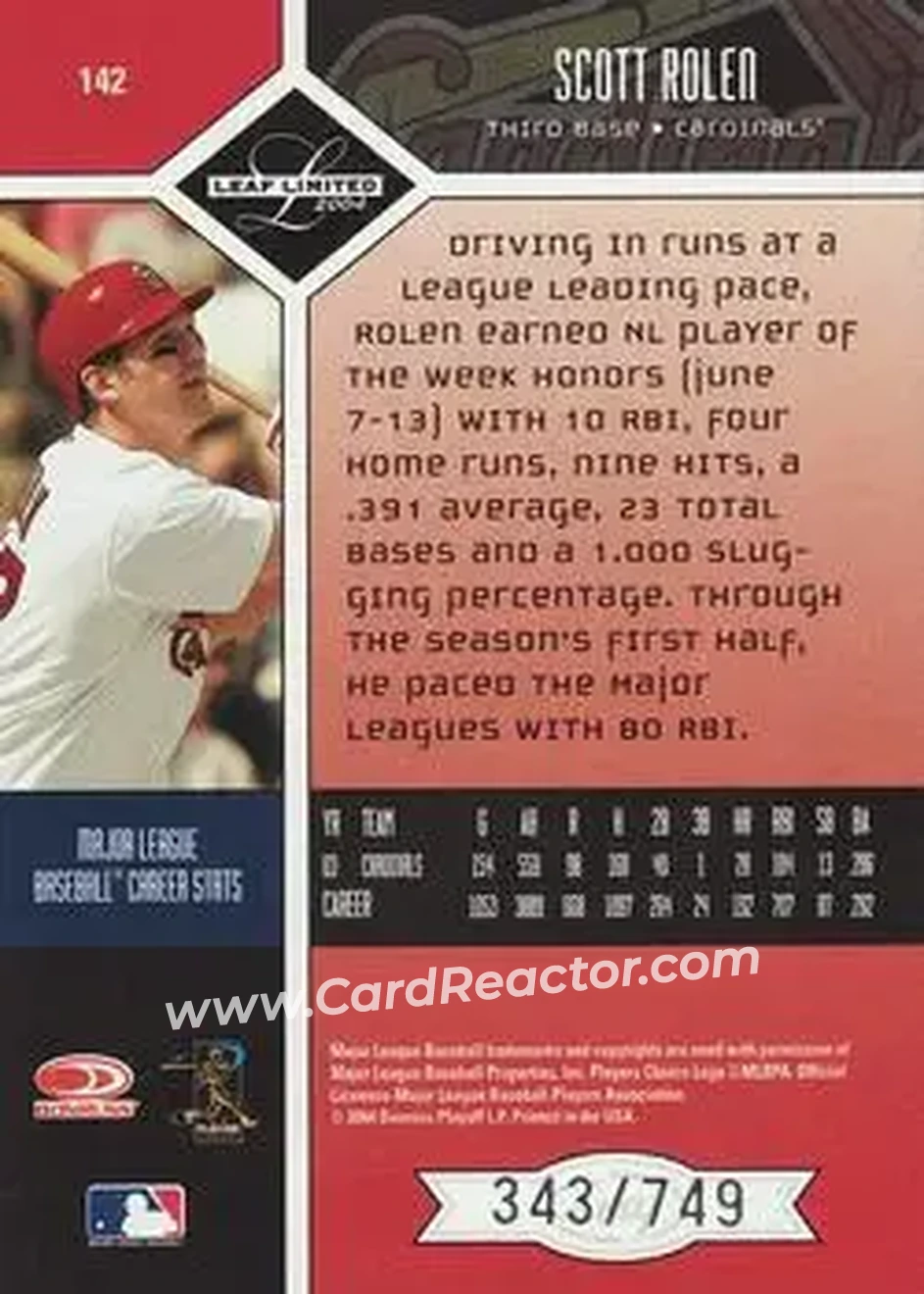 2004 Leaf Limited #142 - Scott Rolen - St. Louis Cardinals - Back
