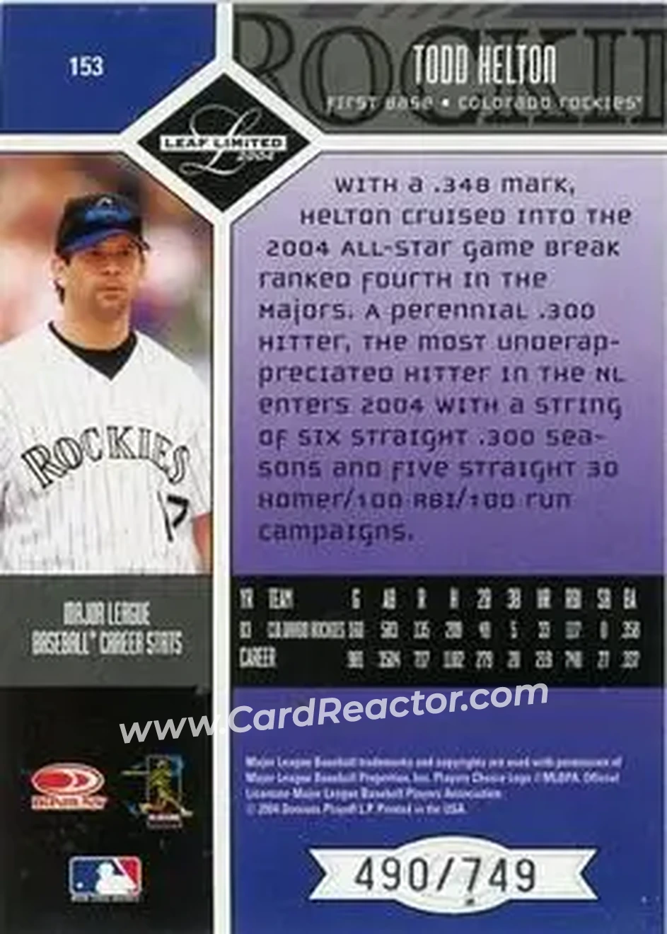 2004 Leaf Limited #153 - Todd Helton - Colorado Rockies - Back