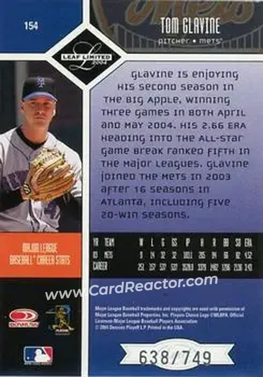 2004 Leaf Limited #154 - Tom Glavine - New York Mets - Back
