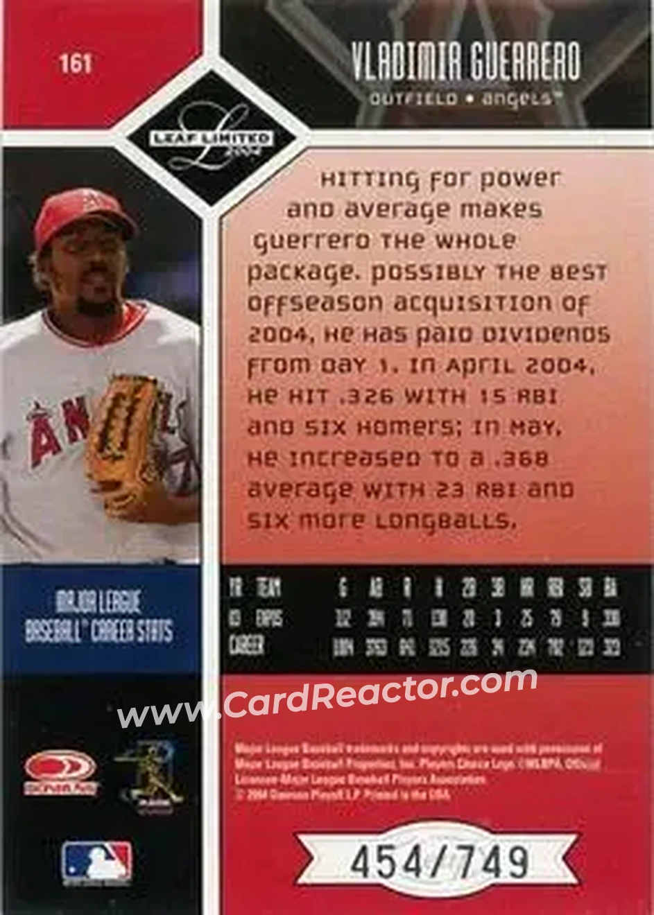 2004 Leaf Limited #161 - Vladimir Guerrero - Anaheim Angels - Back