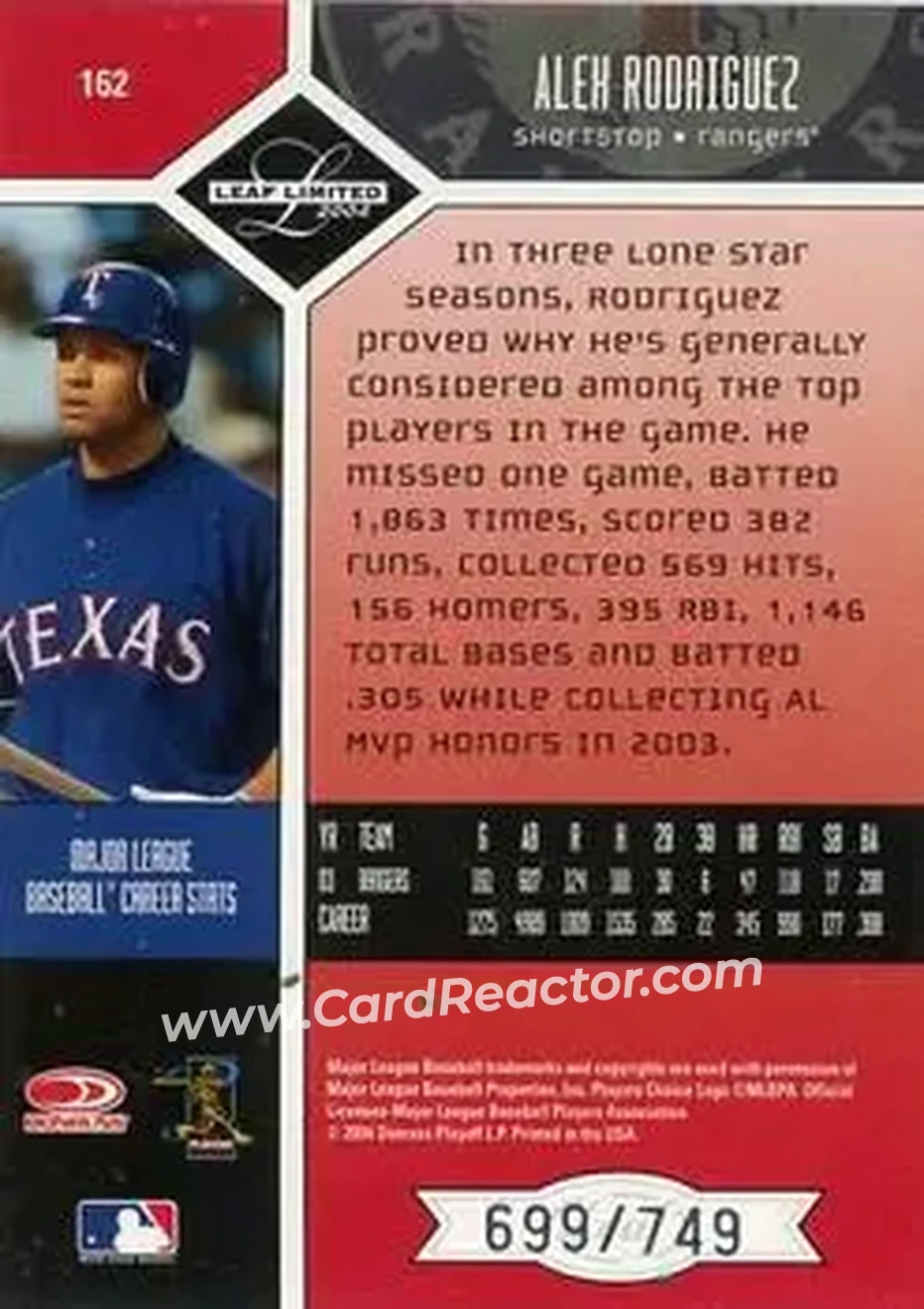 2004 Leaf Limited #162 - Alex Rodriguez - Texas Rangers - Back