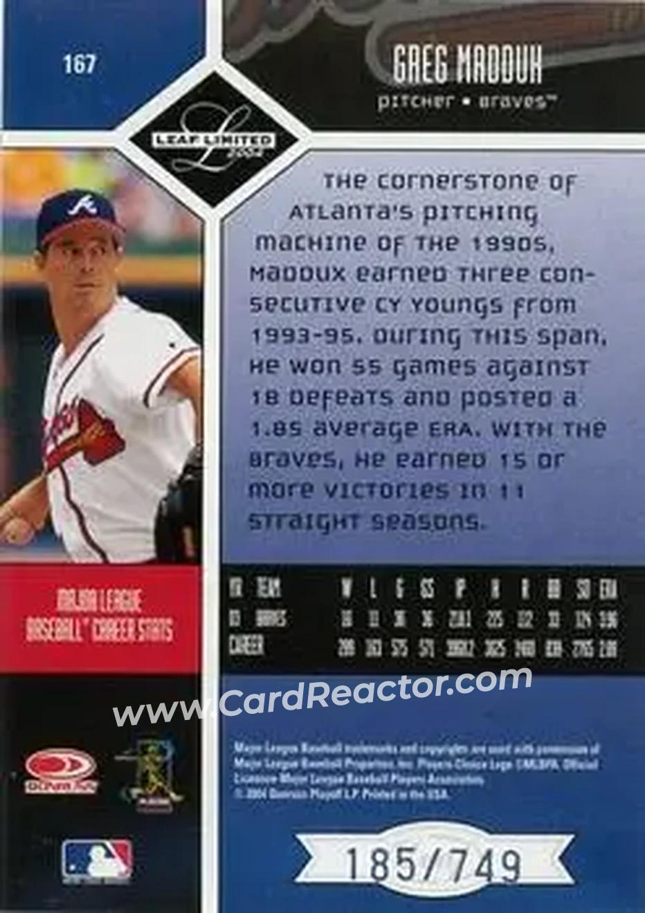 2004 Leaf Limited #167 - Greg Maddux - Atlanta Braves - Back