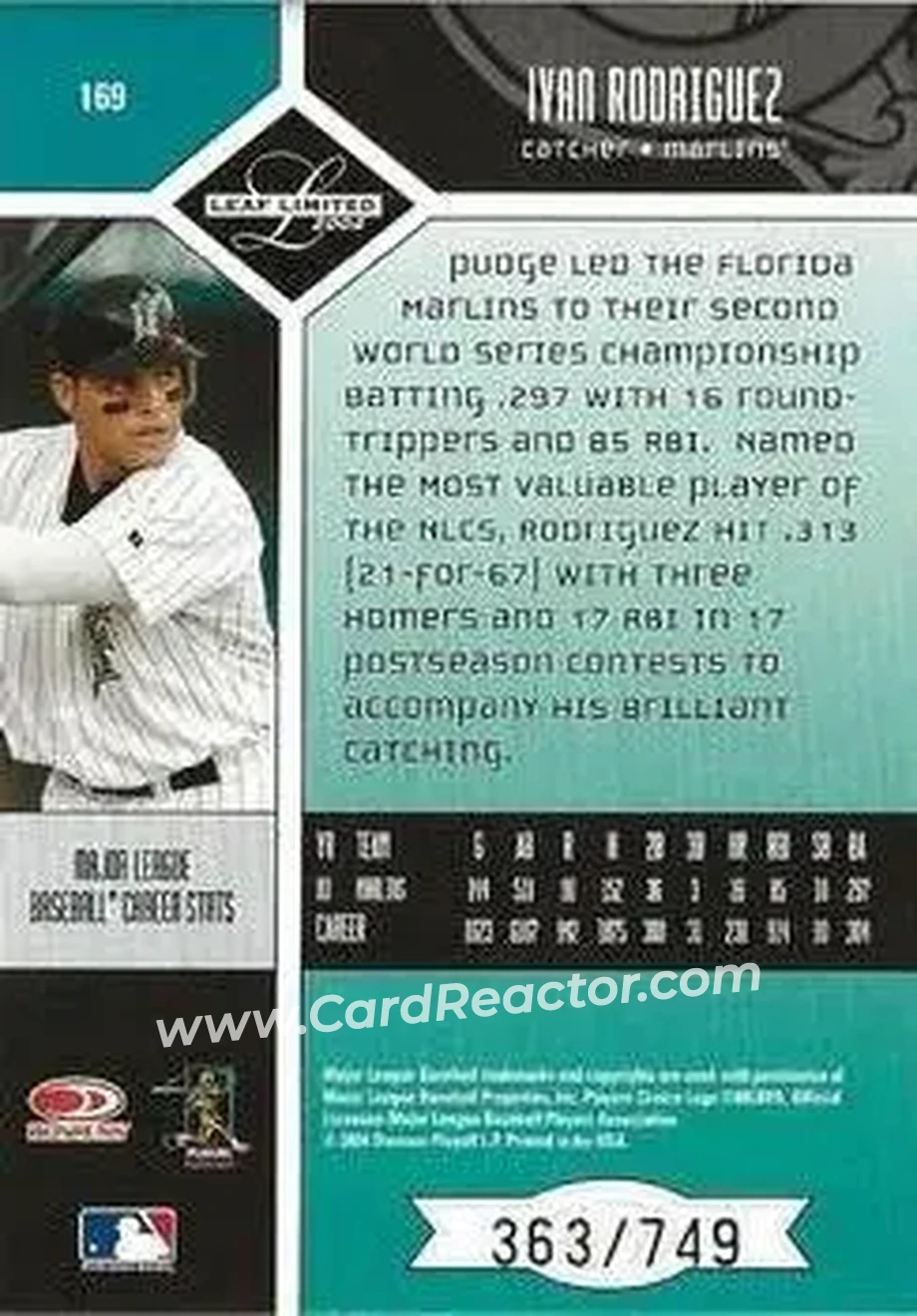 2004 Leaf Limited #169 - Ivan Rodriguez - Florida Marlins - Back 2004 Leaf Limited #169 - Ivan Rodriguez - Florida Marlins - Back