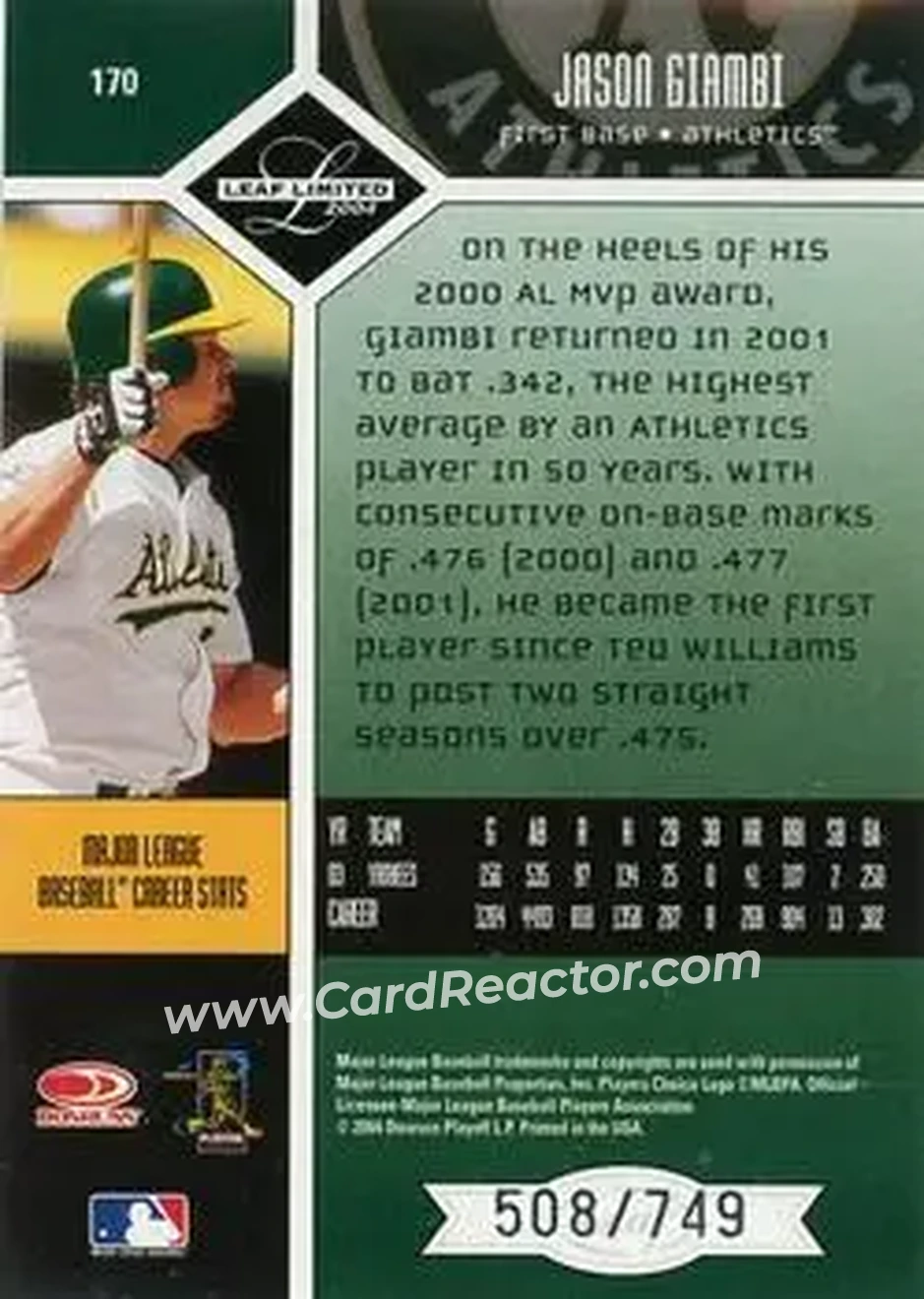 2004 Leaf Limited #170 - Jason Giambi - Oakland Athletics - Back
