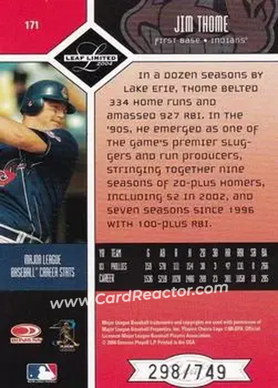 2004 Leaf Limited #171 - Jim Thome - Cleveland Indians - Back