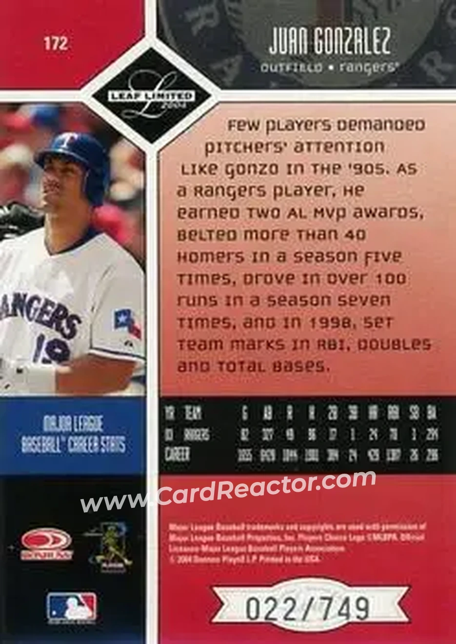 2004 Leaf Limited #172 - Juan Gonzalez - Texas Rangers - Back