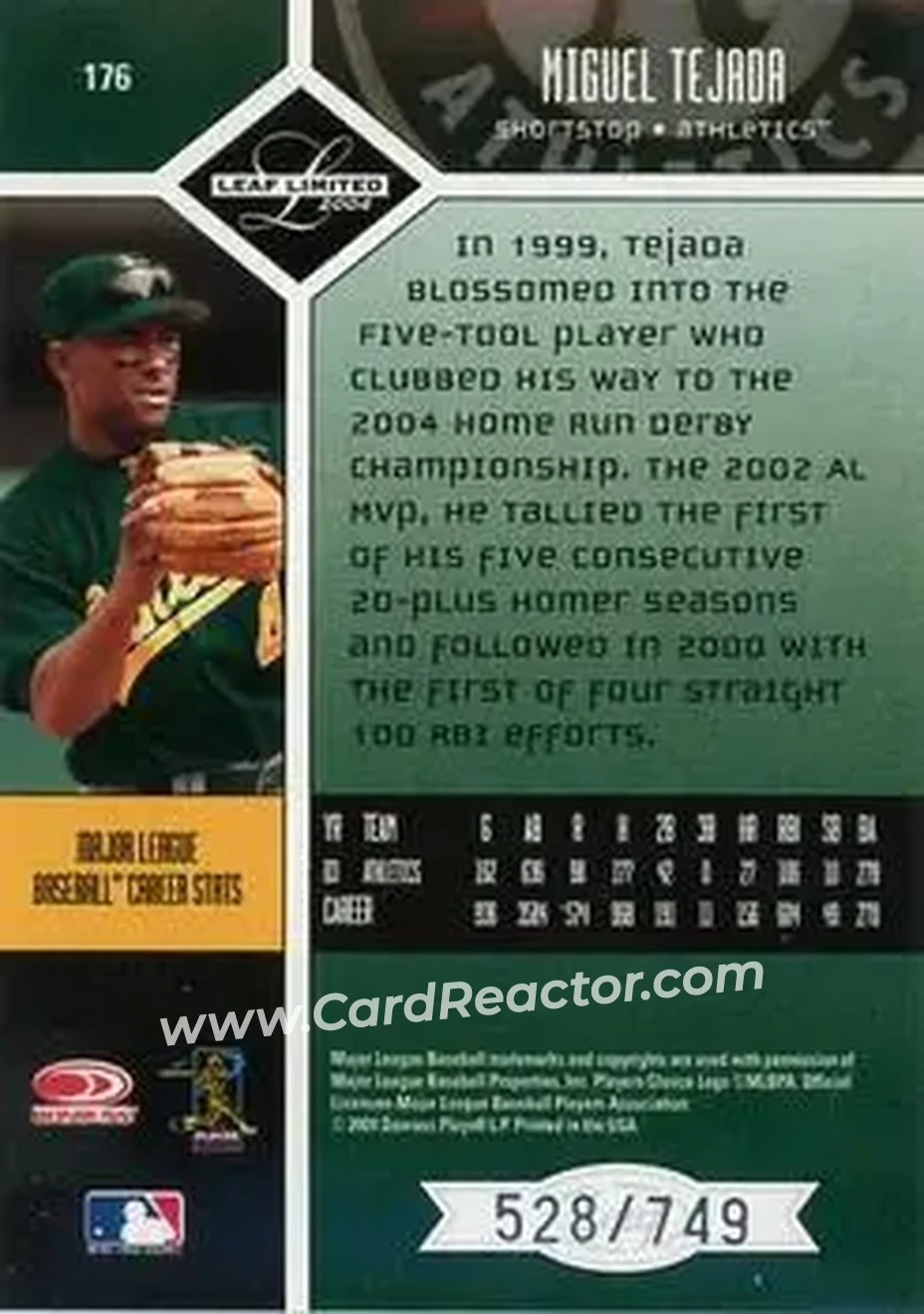 2004 Leaf Limited #176 - Miguel Tejada - Oakland Athletics - Back