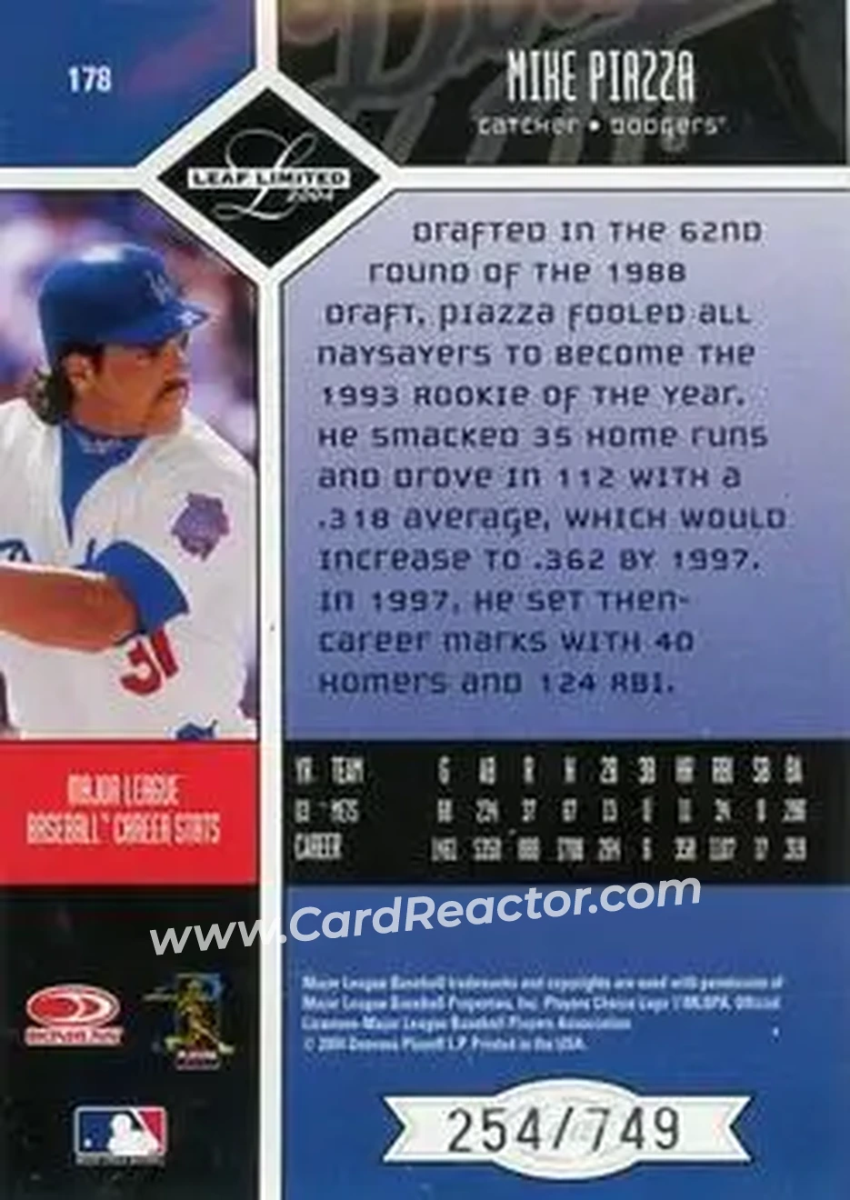 2004 Leaf Limited #178 - Mike Piazza - Los Angeles Dodgers - Back 2004 Leaf Limited #178 - Mike Piazza - Los Angeles Dodgers - Back