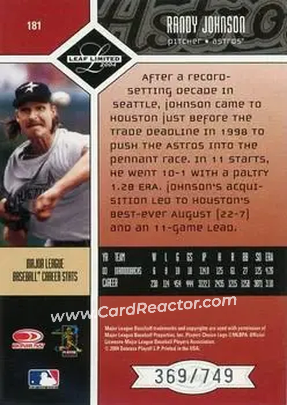 2004 Leaf Limited #181 - Randy Johnson - Houston Astros - Back 2004 Leaf Limited #181 - Randy Johnson - Houston Astros - Back