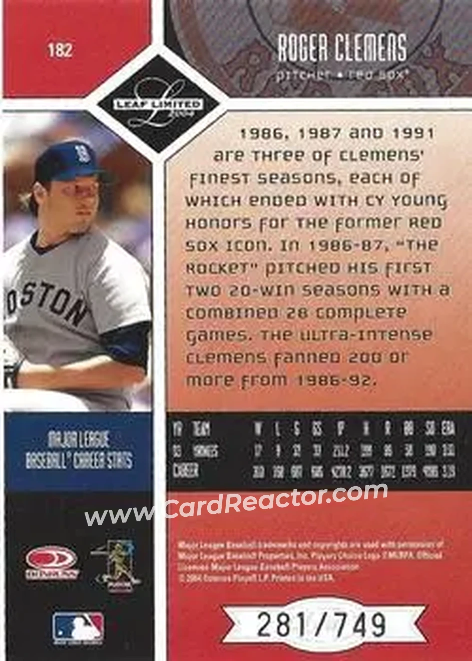 2004 Leaf Limited #182 - Roger Clemens - Boston Red Sox - Back