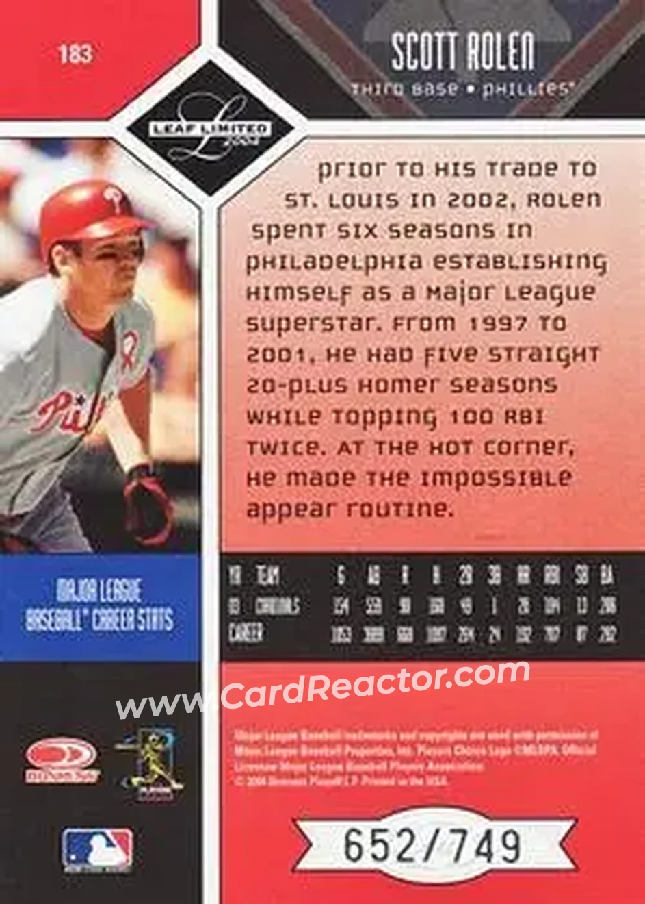 2004 Leaf Limited #183 - Scott Rolen - Philadelphia Phillies - Back