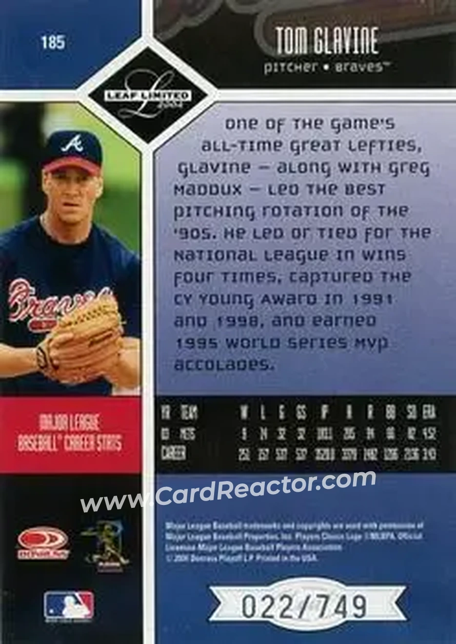 2004 Leaf Limited #185 - Tom Glavine - Atlanta Braves - Back