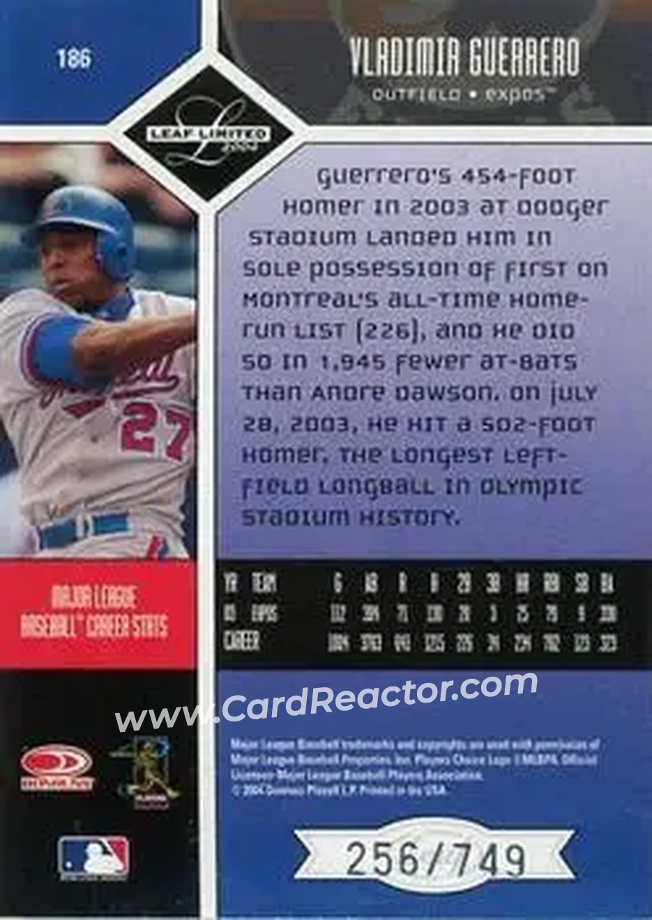 2004 Leaf Limited #186 - Vladimir Guerrero - Montreal Expos - Back