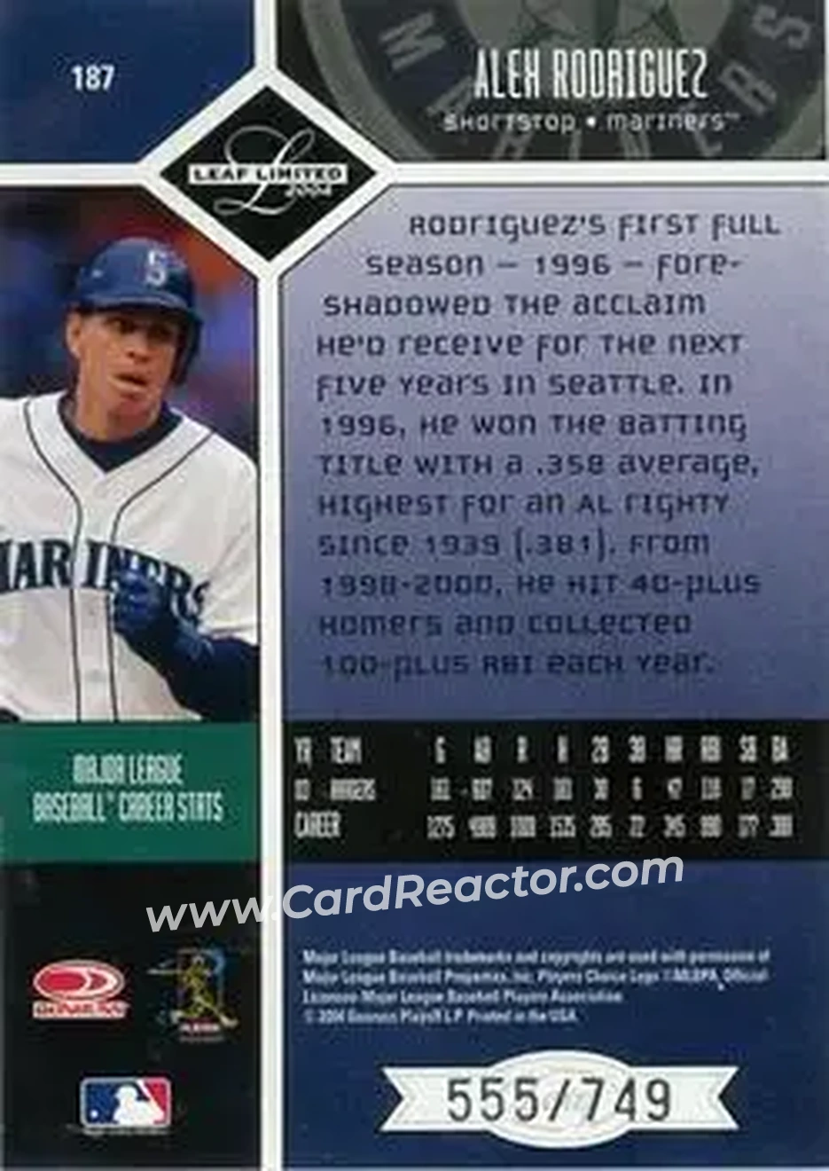 2004 Leaf Limited #187 - Alex Rodriguez - Seattle Mariners - Back