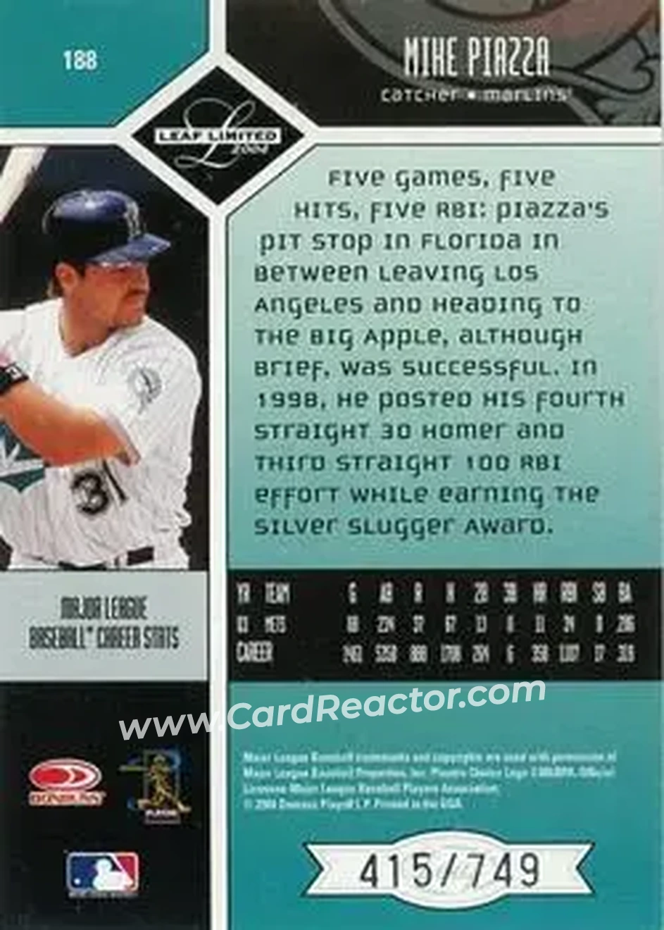 2004 Leaf Limited #188 - Mike Piazza - Florida Marlins - Back 2004 Leaf Limited #188 - Mike Piazza - Florida Marlins - Back