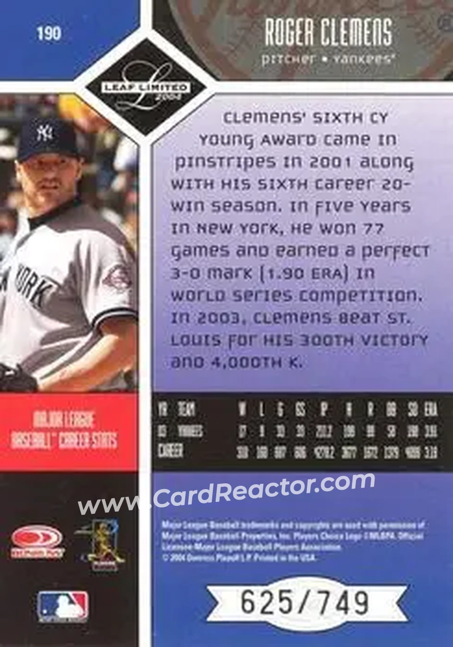 2004 Leaf Limited #190 - Roger Clemens - New York Yankees - Back