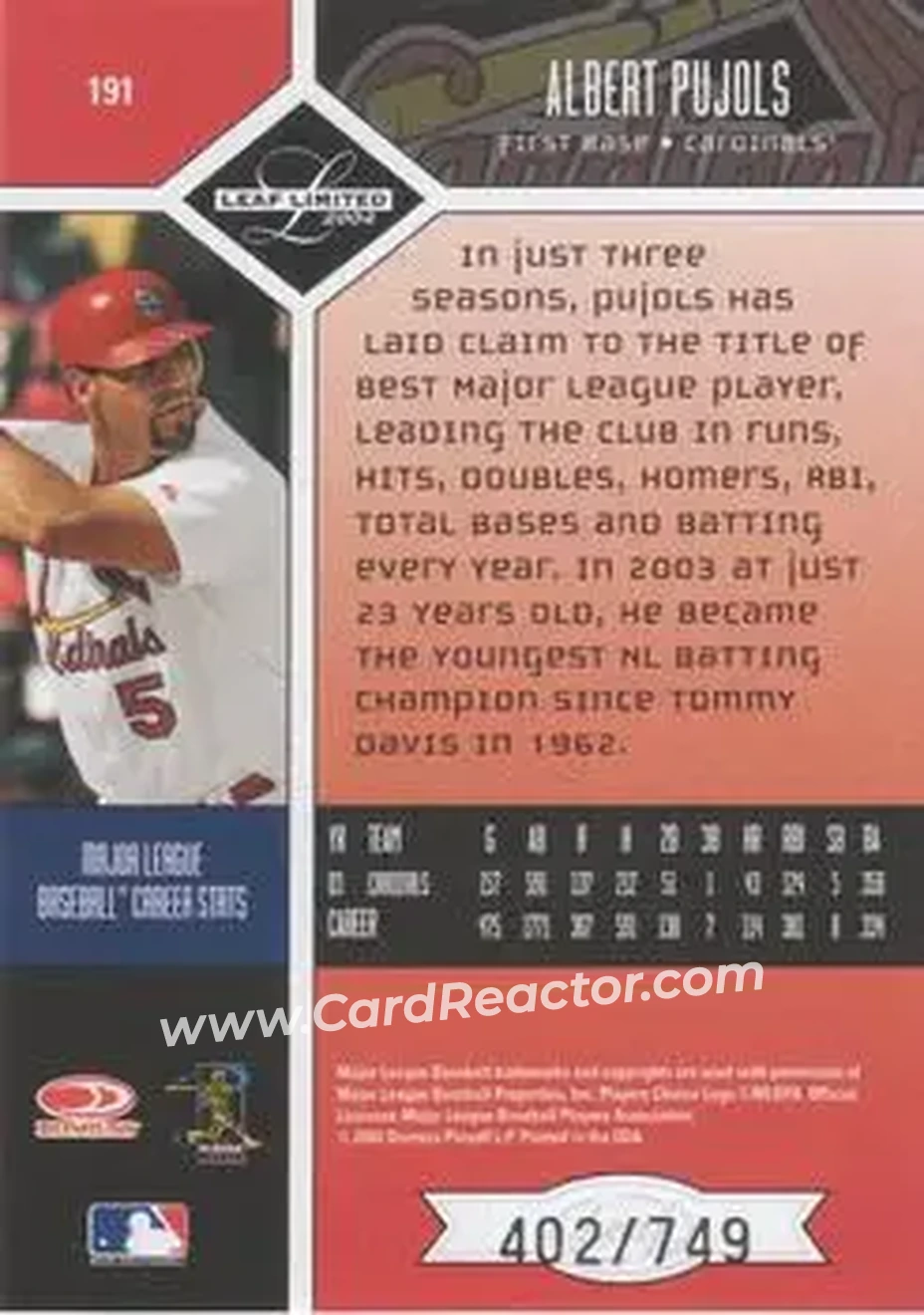 2004 Leaf Limited #191 - Albert Pujols - St. Louis Cardinals - Back 2004 Leaf Limited #191 - Albert Pujols - St. Louis Cardinals - Back