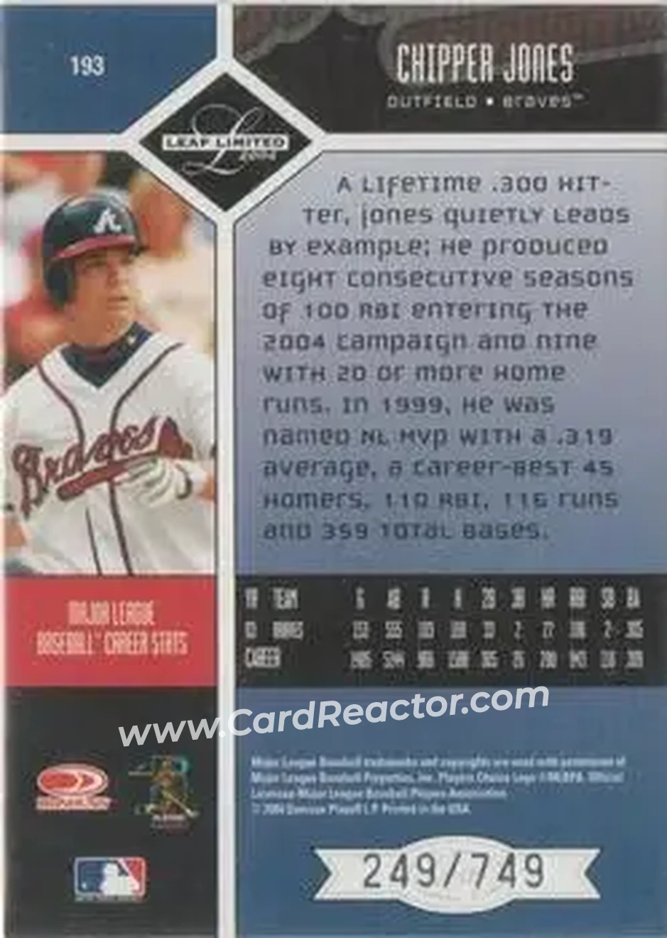 2004 Leaf Limited #193 - Chipper Jones - Atlanta Braves - Back