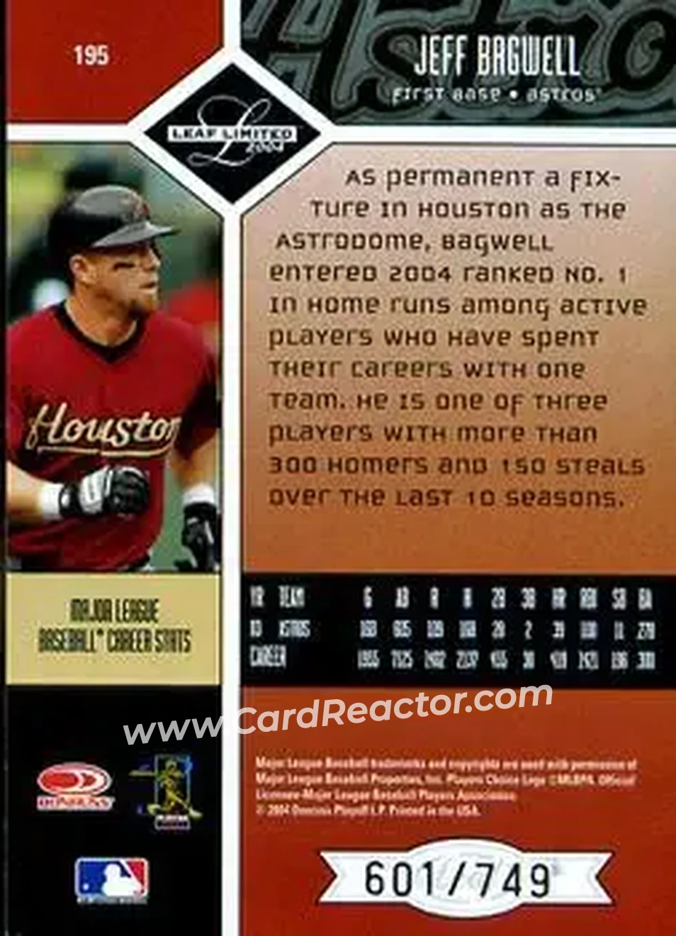 2004 Leaf Limited #195 - Jeff Bagwell - Houston Astros - Back