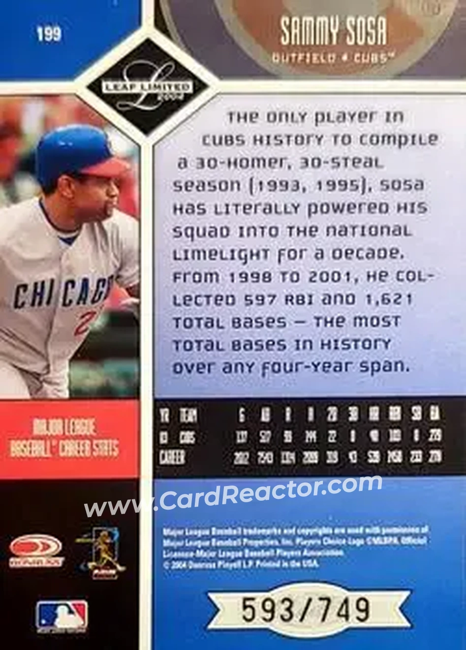 2004 Leaf Limited #199 - Sammy Sosa - Chicago Cubs - Back