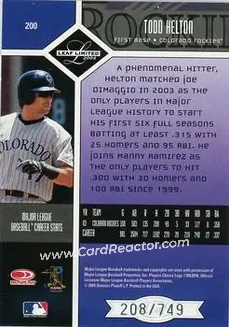 2004 Leaf Limited #200 - Todd Helton - Colorado Rockies - Back