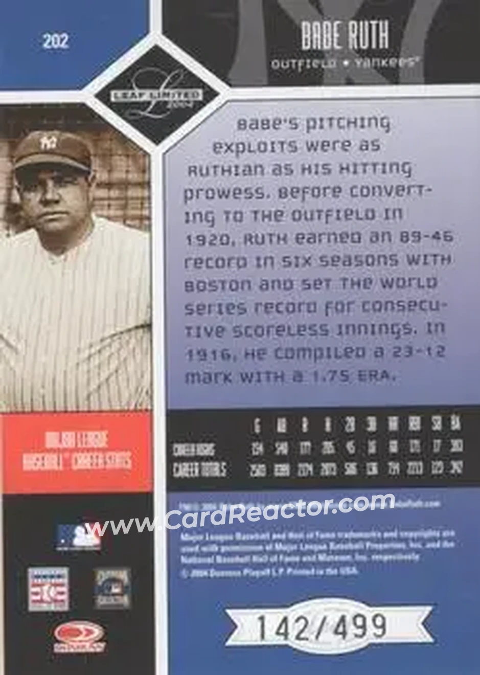 2004 Leaf Limited #202 - Babe Ruth - New York Yankees - Back 2004 Leaf Limited #202 - Babe Ruth - New York Yankees - Back