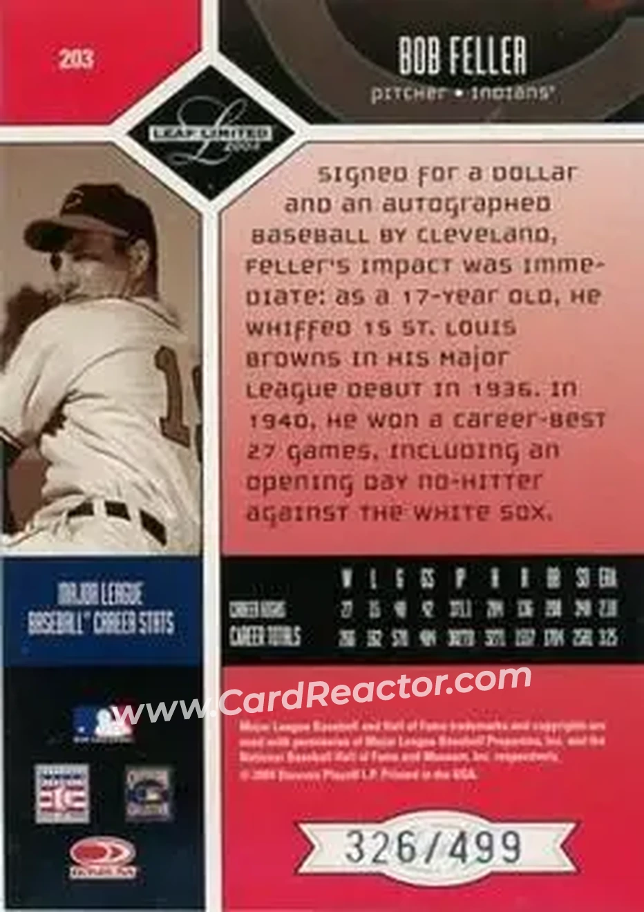 2004 Leaf Limited #203 - Bob Feller - Cleveland Indians - Back
