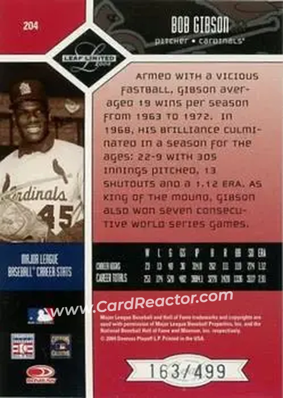 2004 Leaf Limited #204 - Bob Gibson - St. Louis Cardinals - Back