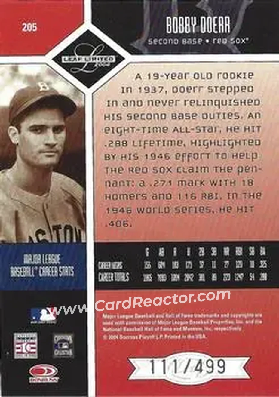 2004 Leaf Limited #205 - Bobby Doerr - Boston Red Sox - Back 2004 Leaf Limited #205 - Bobby Doerr - Boston Red Sox - Back