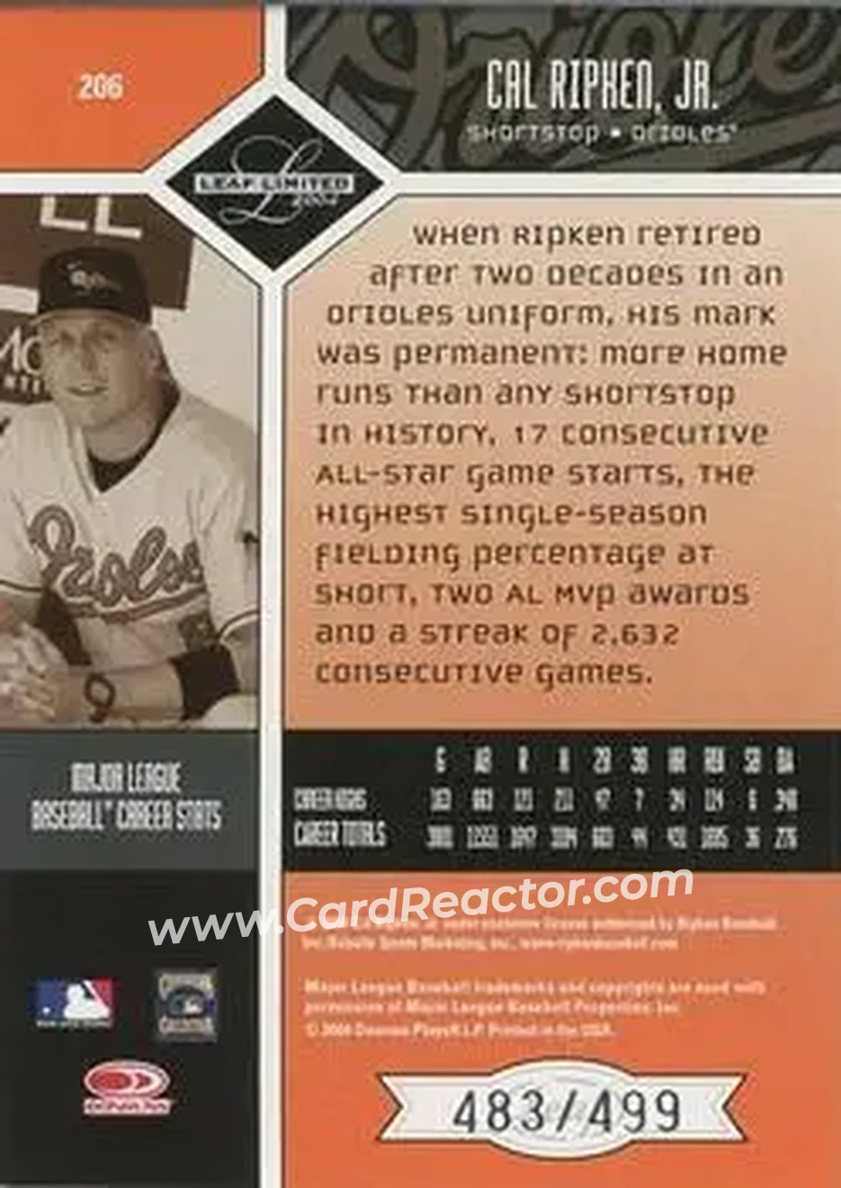 2004 Leaf Limited #206 - Cal Ripken - Baltimore Orioles - Back