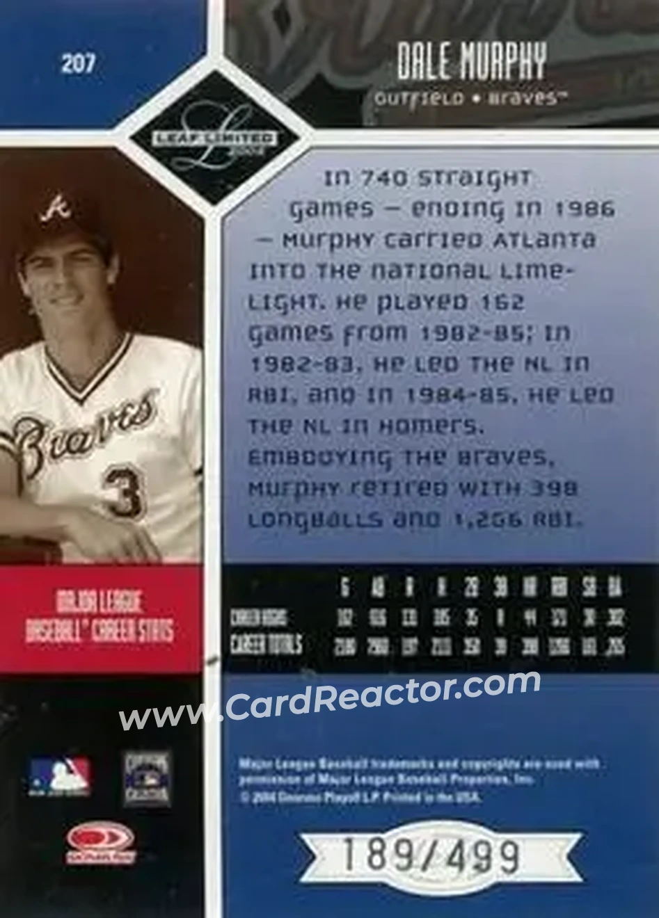 2004 Leaf Limited #207 - Dale Murphy - Atlanta Braves - Back