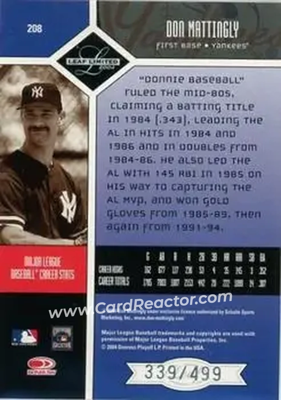 2004 Leaf Limited #208 - Don Mattingly - New York Yankees - Back