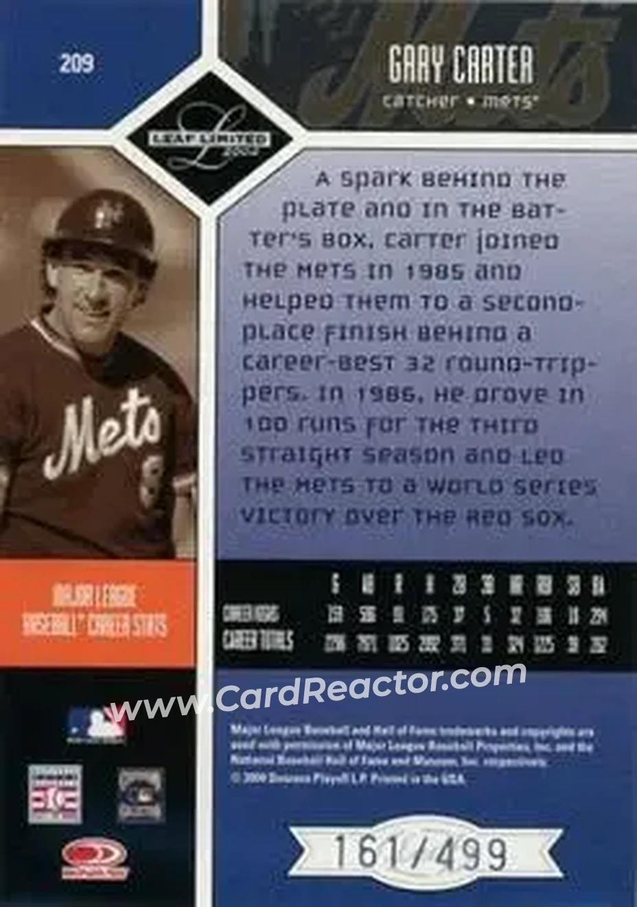 2004 Leaf Limited #209 - Gary Carter - New York Mets - Back 2004 Leaf Limited #209 - Gary Carter - New York Mets - Back