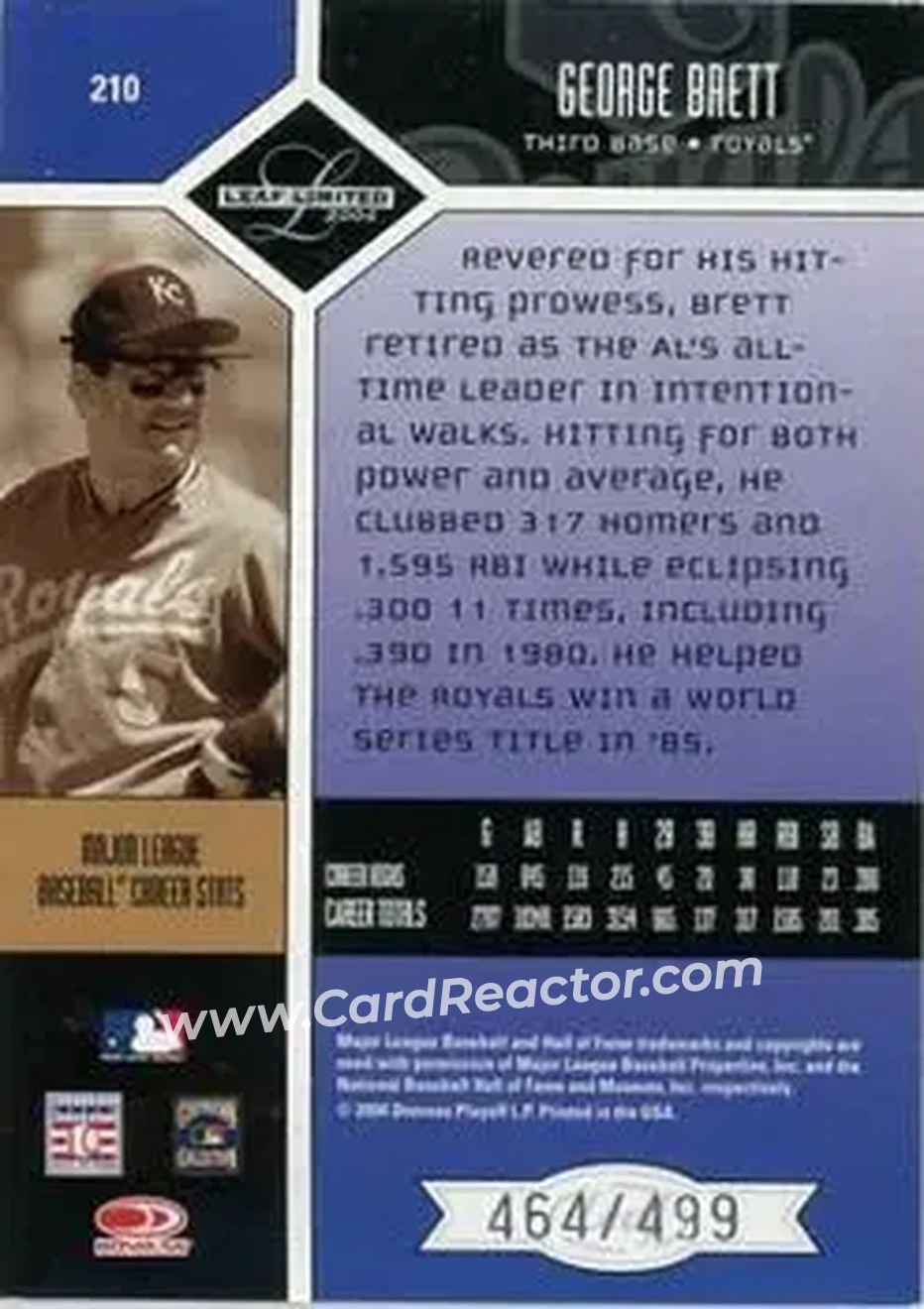 2004 Leaf Limited #210 - George Brett - Kansas City Royals - Back