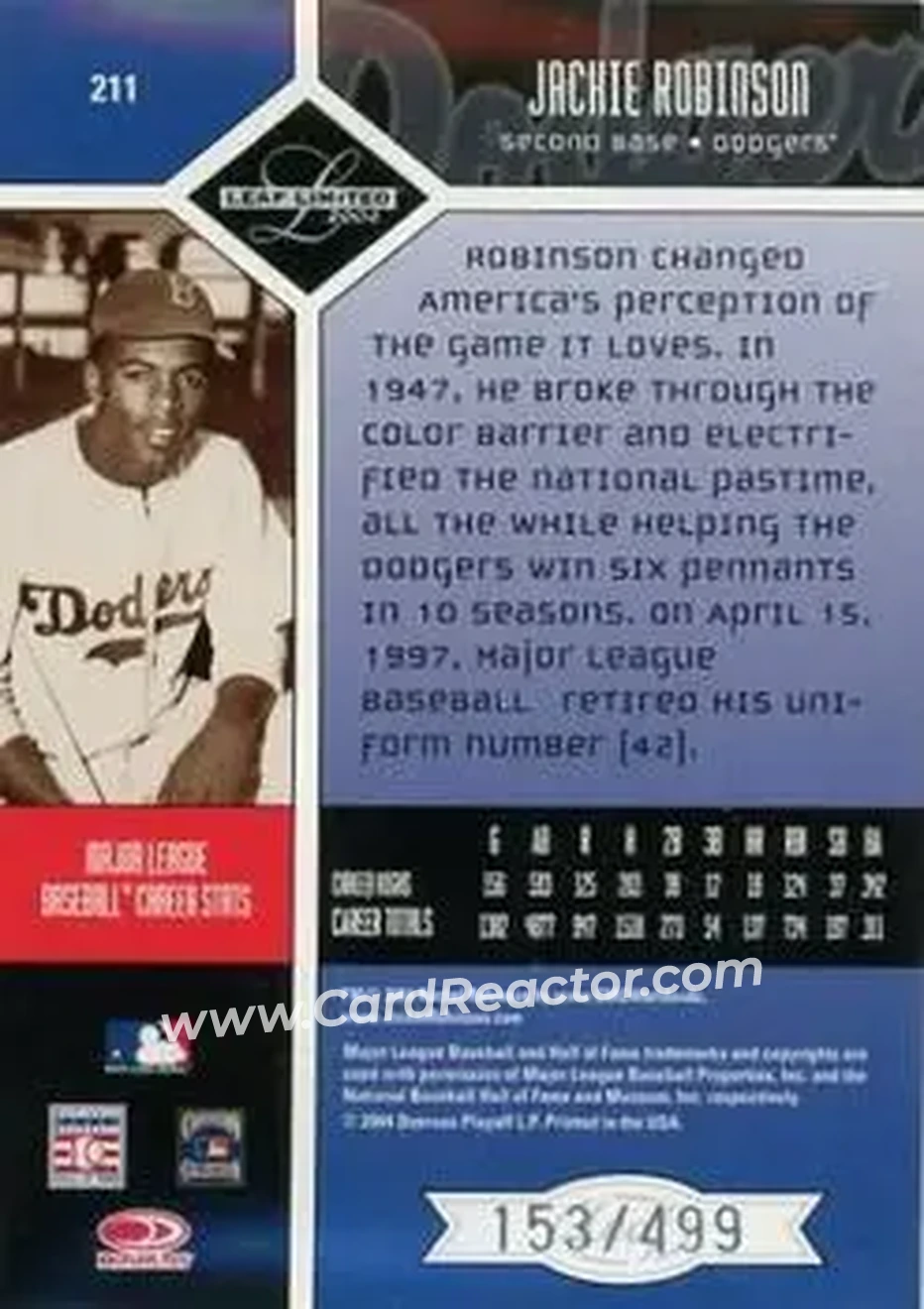 2004 Leaf Limited #211 - Jackie Robinson - Brooklyn Dodgers - Back 2004 Leaf Limited #211 - Jackie Robinson - Brooklyn Dodgers - Back