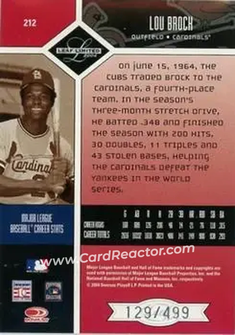 2004 Leaf Limited #212 - Lou Brock - St. Louis Cardinals - Back