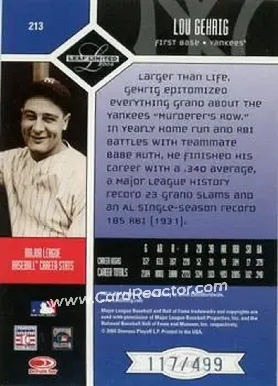 2004 Leaf Limited #213 - Lou Gehrig - New York Yankees - Back 2004 Leaf Limited #213 - Lou Gehrig - New York Yankees - Back
