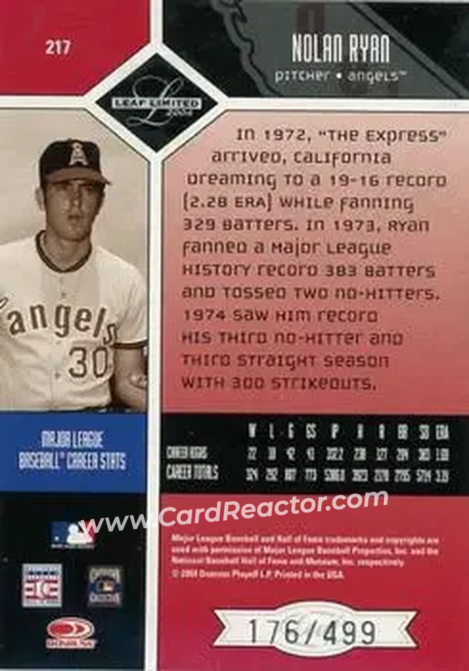 2004 Leaf Limited #217 - Nolan Ryan - California Angels - Back
