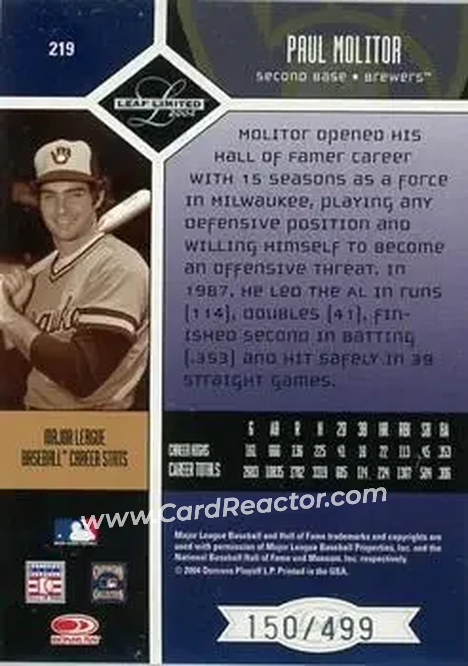 2004 Leaf Limited #219 - Paul Molitor - Milwaukee Brewers - Back 2004 Leaf Limited #219 - Paul Molitor - Milwaukee Brewers - Back