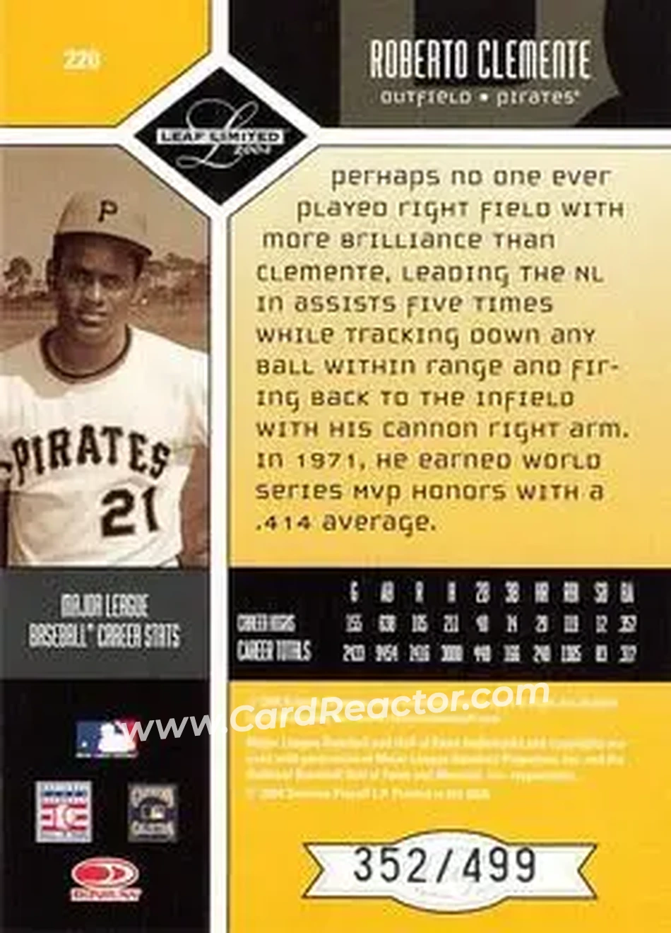 2004 Leaf Limited #220 - Bob Clemente - Pittsburgh Pirates - Back 2004 Leaf Limited #220 - Bob Clemente - Pittsburgh Pirates - Back