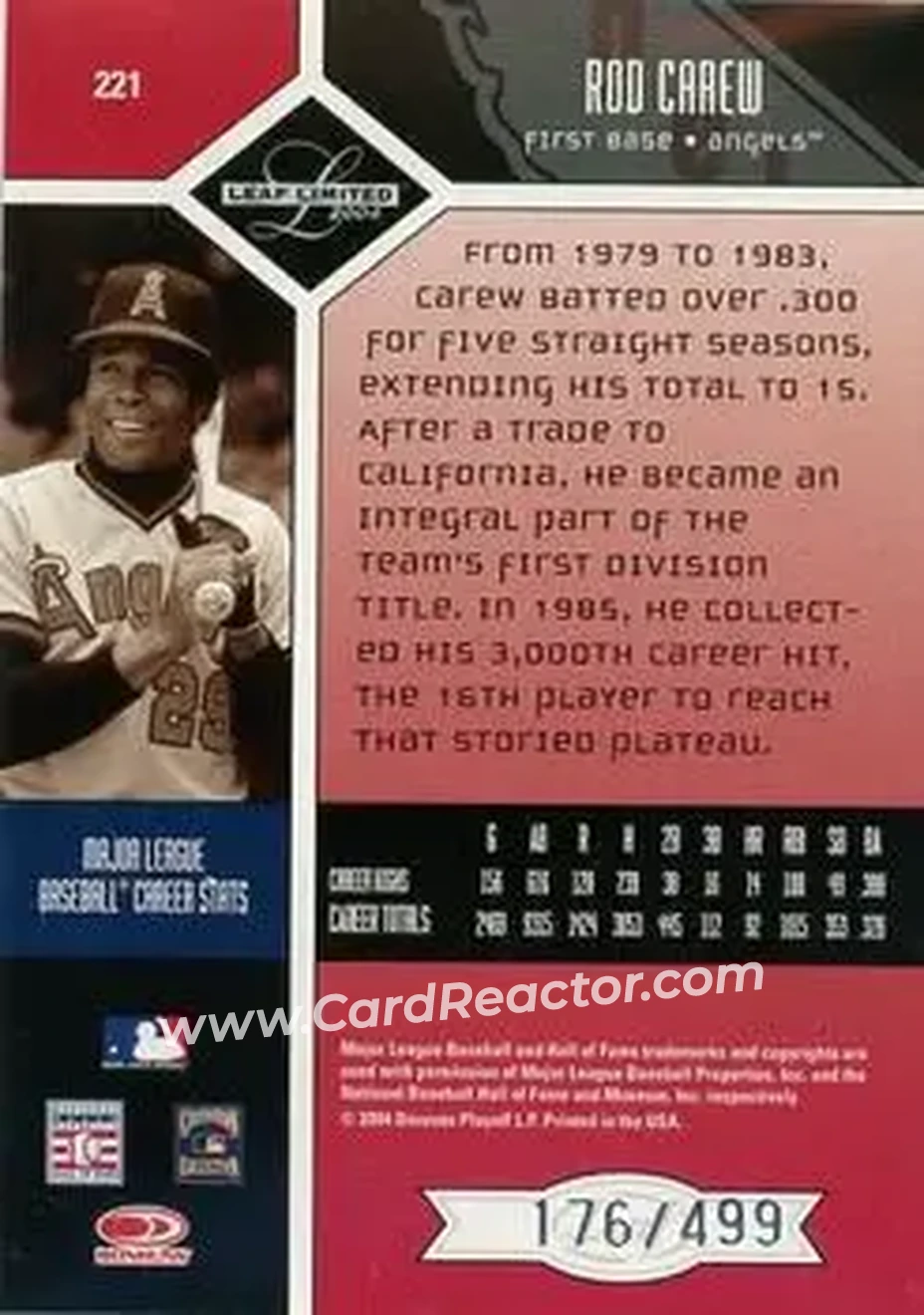 2004 Leaf Limited #221 - Rod Carew - California Angels - Back