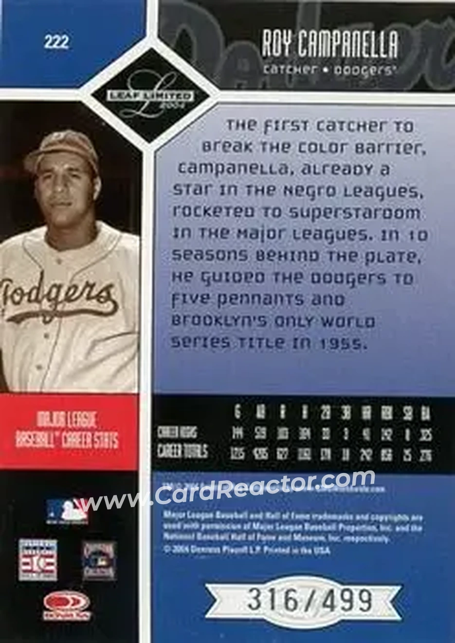 2004 Leaf Limited #222 - Roy Campanella - Brooklyn Dodgers - Back
