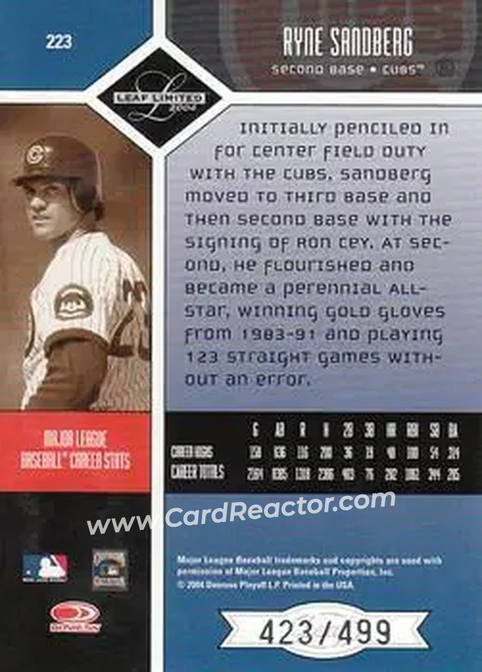 2004 Leaf Limited #223 - Ryne Sandberg - Chicago Cubs - Back