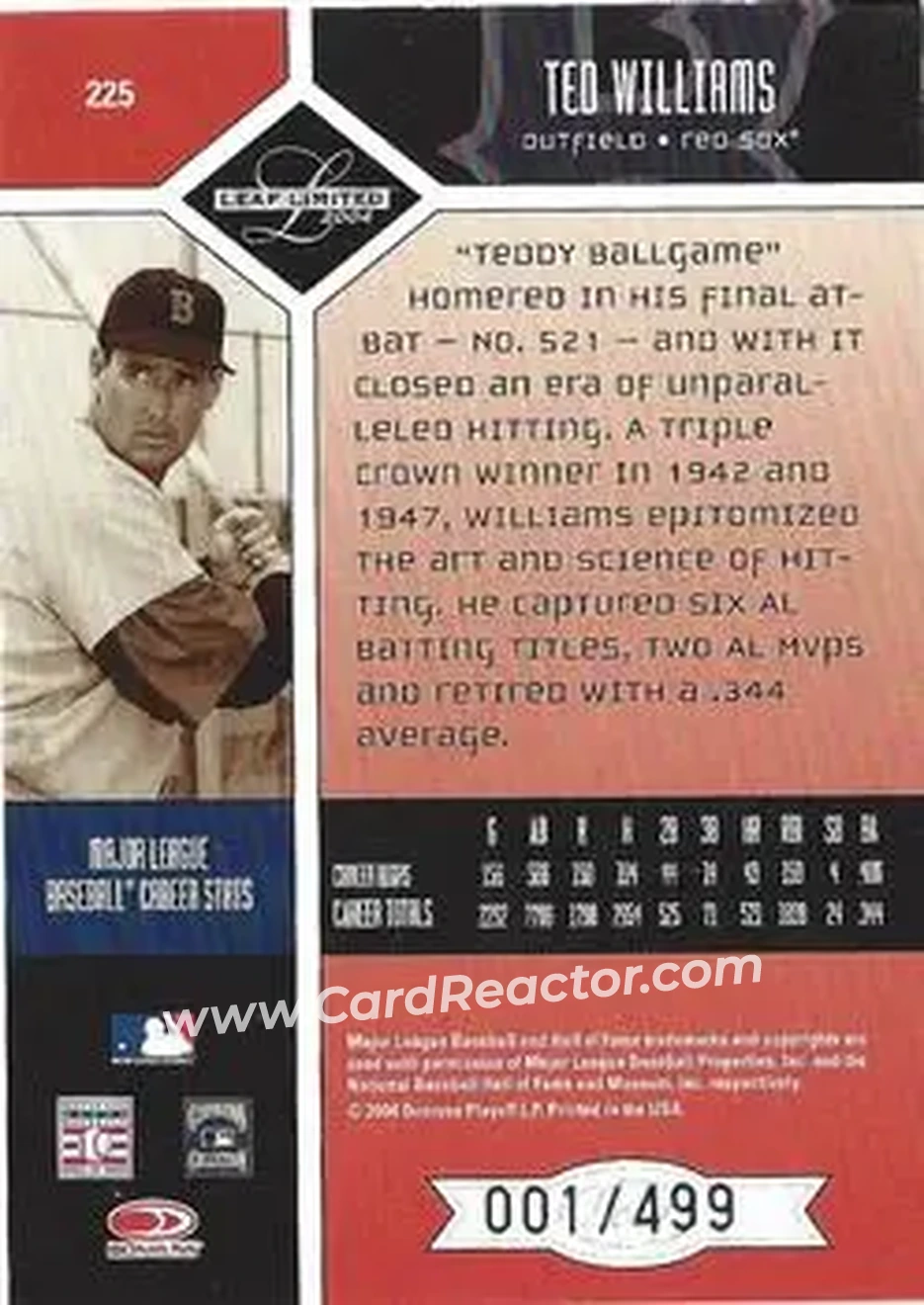 2004 Leaf Limited #225 - Ted Williams - Boston Red Sox - Back