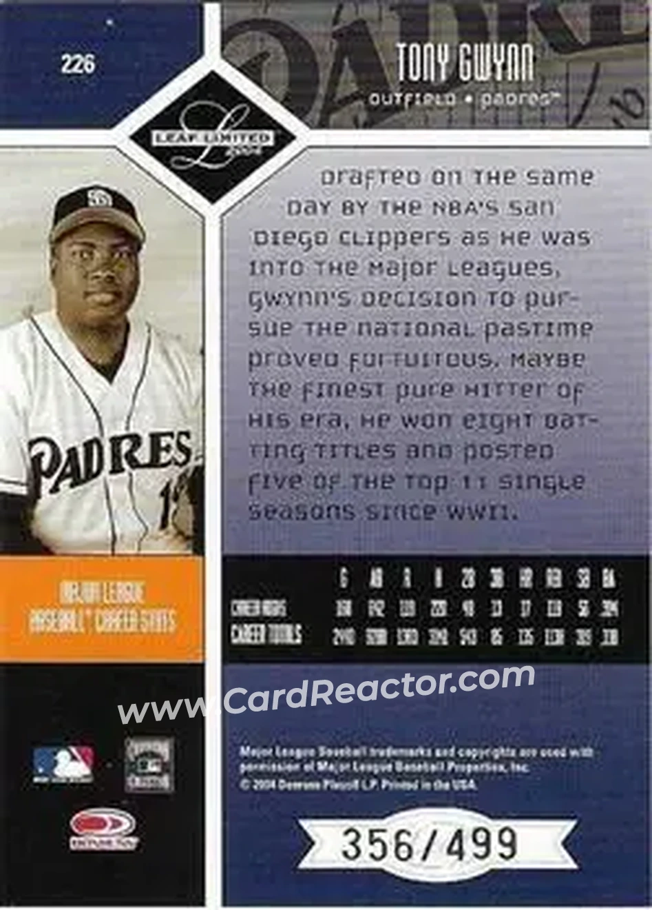2004 Leaf Limited #226 - Tony Gwynn - San Diego Padres - Back