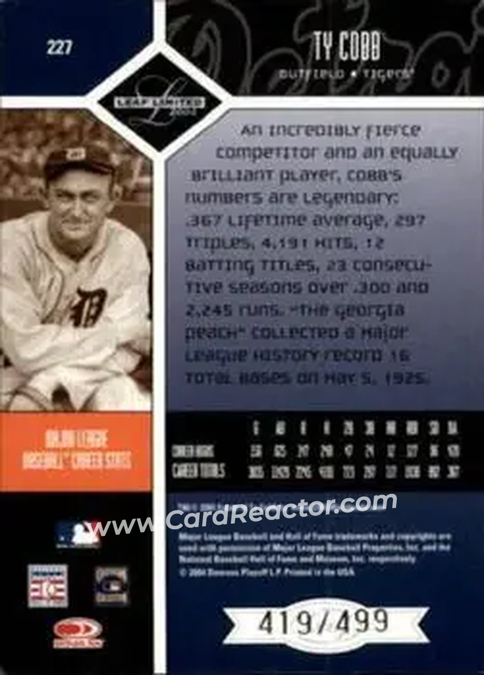 2004 Leaf Limited #227 - Ty Cobb - Detroit Tigers - Back